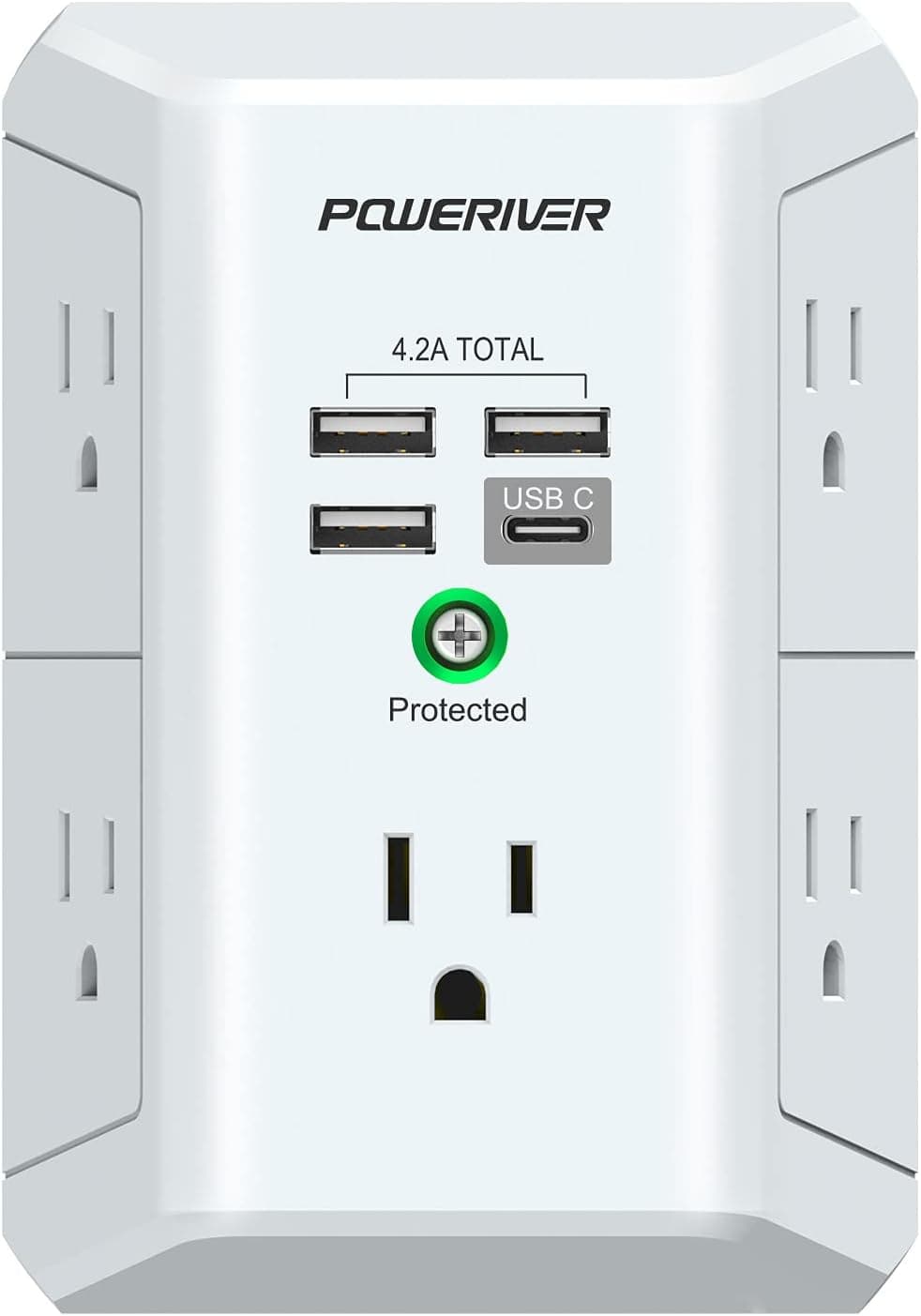 Multi Plug Outlet Extender with USB - POWERIVER Surge Protector with 5 Outlet Splitter and 4 USB Ports, 1680J Wall Outlet Adapter Spaced for Home School Office, ETL Listed, White