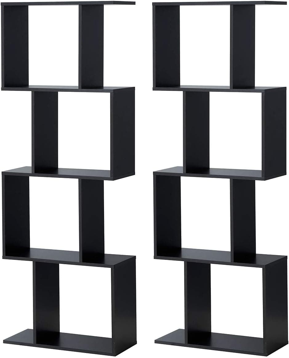 Giantex 4 Tier Bookshelf S Shaped Bookcase Set of 2, Wooden Display Decor Furniture, Free Standing Industrial Storage Rack for Living Room Bedroom Office, Modern 4 Shelf Bookcase (Black, 2)