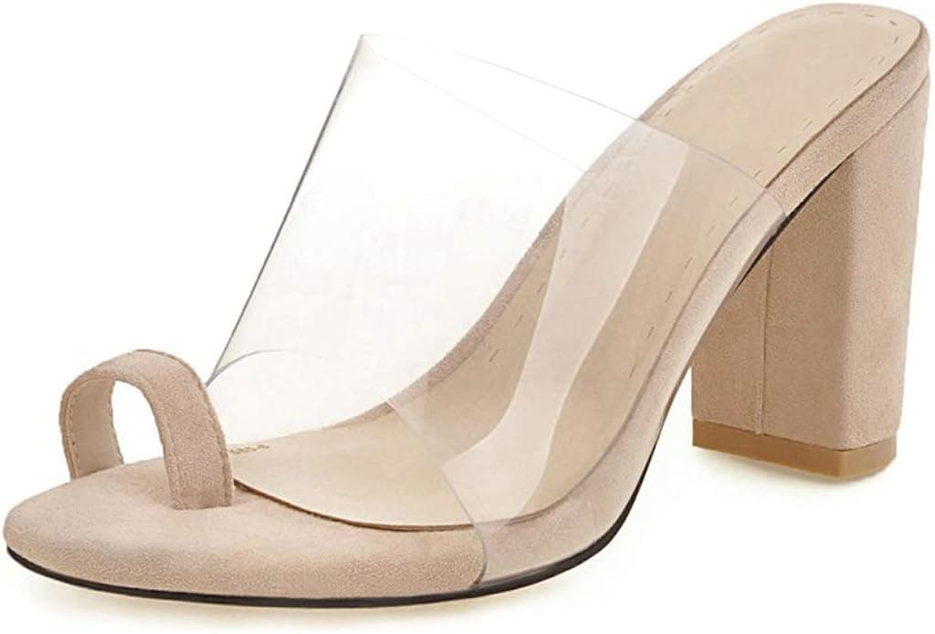 MIOKE Women's Clear Mid Block Heel Slide Sandals Open Toe Comfort Transparent Chunky Heeled Mules Sandal