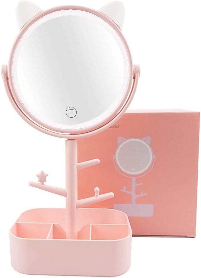 Makeup Mirror with Lights-Vanity Mirror with Touch Sensor for Bathroom Bedroom Dressing Mirror (Pink Cat-Shaped)