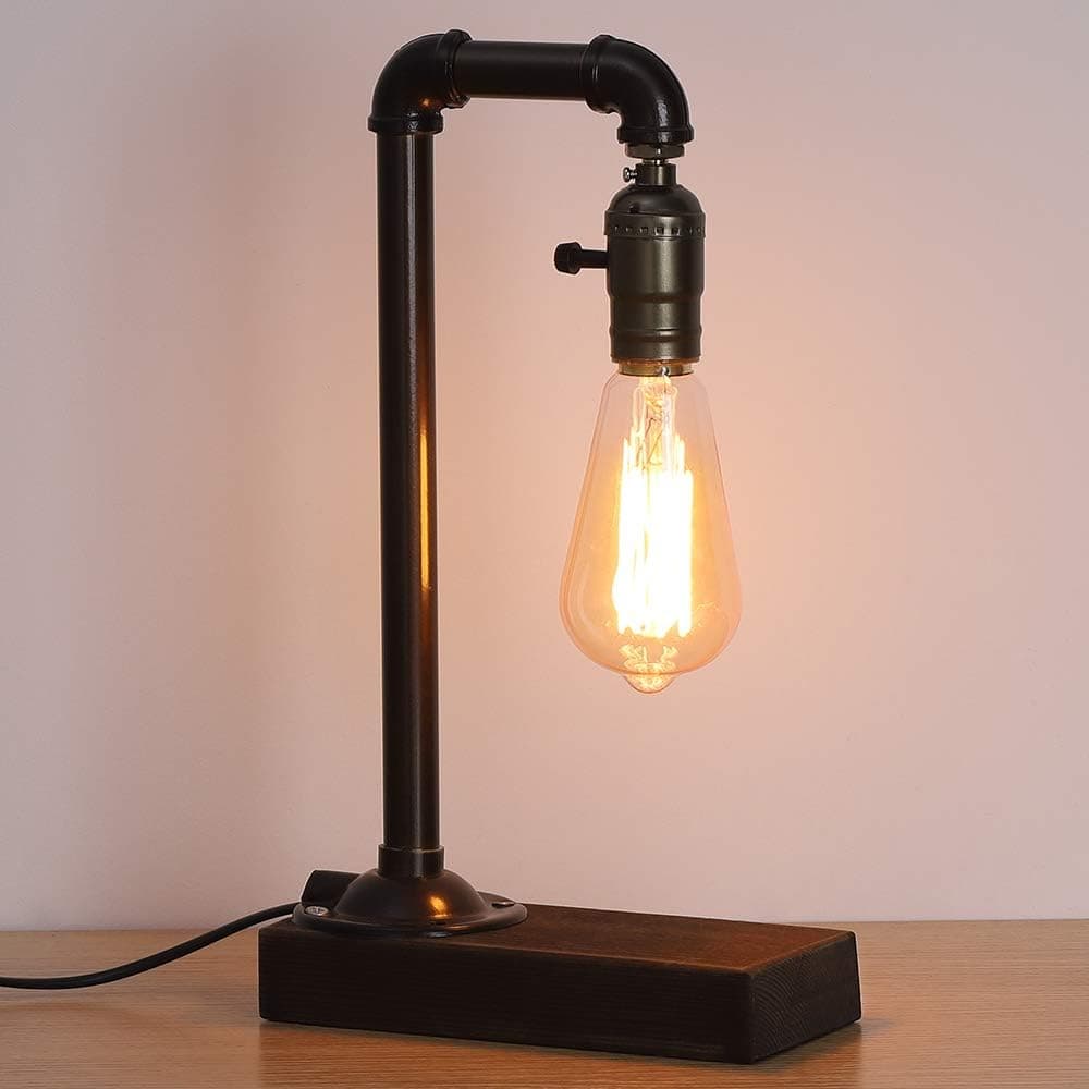 HAITRAL Retro Vintage Table Lamp- Industrial Loft Style Steam Punk Lamp with Wood Base Iron Piping Desk Lamp for Bedside, Living Room, Kitchen, Café, Store, Pub, Dorm (Bulb Not Included)