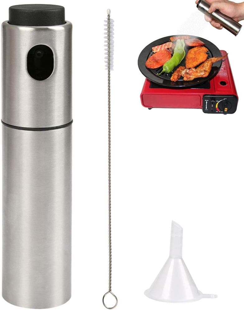 YANSHON 135ml Olive Oil Sprayer, Stainless Steel Oil Spray Bottle, Premium Refillable Cooking Sprayer with Cleaning Brush, Funnel, Silicone Pastry Brush for BBQ, Cooking, Frying, Salad, Baking