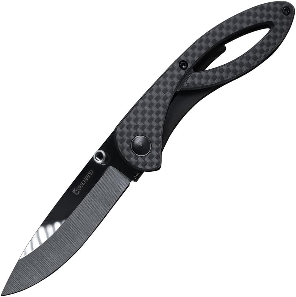 Cool Hand 3.75'' Carbon Fiber Scale Folding Pocket Knife w/ 2.75'' Polished Black Ceramic or Damascus Blade, Frame Lock