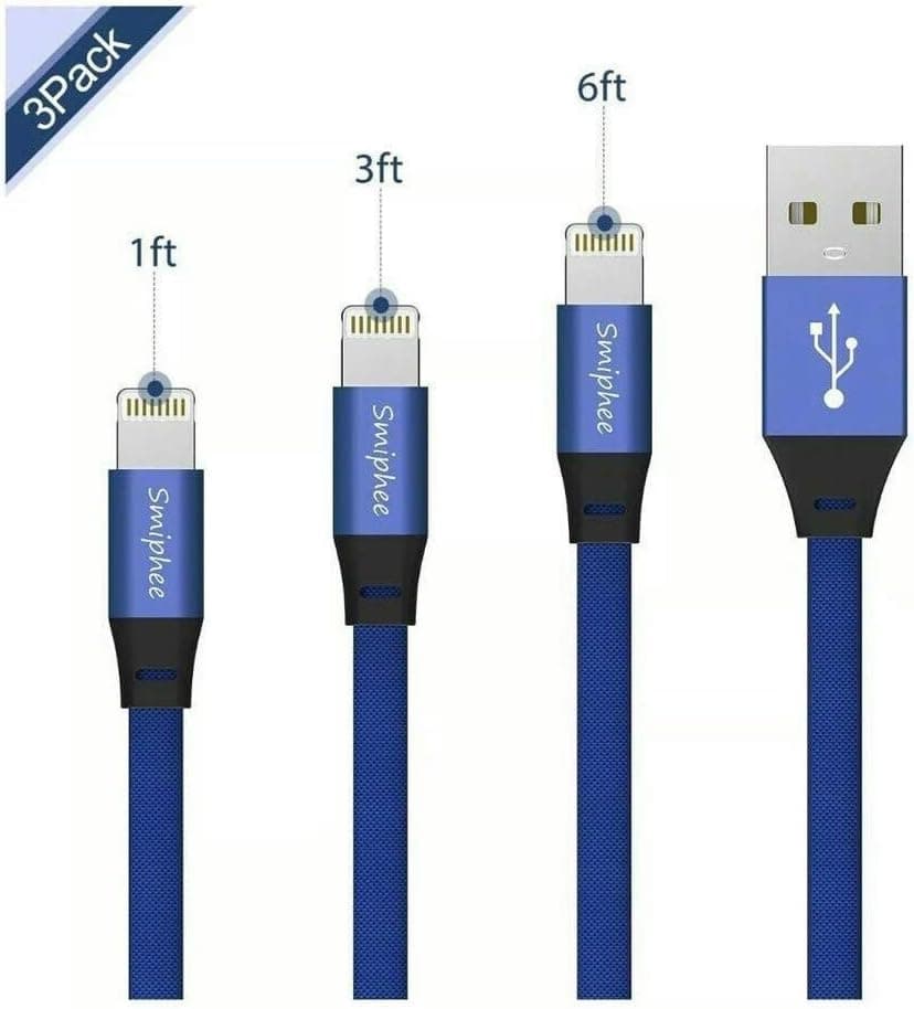 MFi Certified iPhone Charger 3Pack 6/3/1FT Nylon Braided USB Charging & Syncing Cord Compatible iPhone Xs/Max/XR/X/8/8Plus/7/7Plus/6S/8S Plus/SE/iPad/Nan - Black Blue