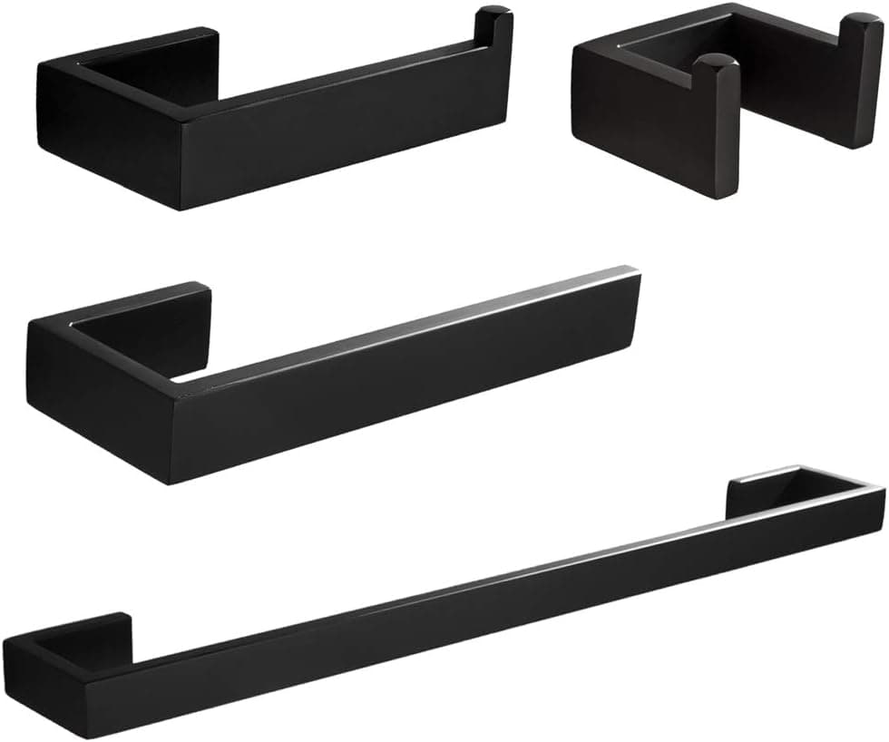 VELIMAX Premium SUS304(18/8) Stainless Steel 4-Piece Bathroom Hardware Set Wall Mounted Bath Towel Bar Set Bathroom Accessory Kit, Matte Black