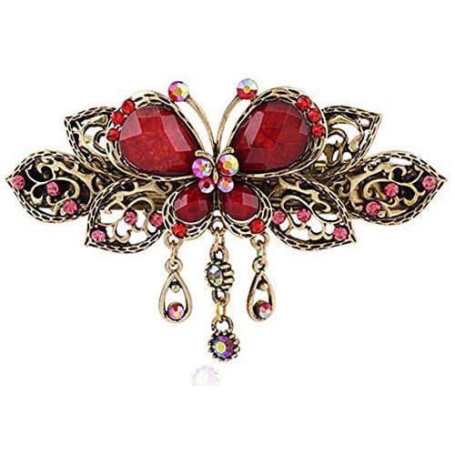Sanwood Vintage Jewelry Inlaid Crystal Butterfly Dangle Hair Clips Barrette - Hair Pin Beauty Tools (Rose-Red) (Red)