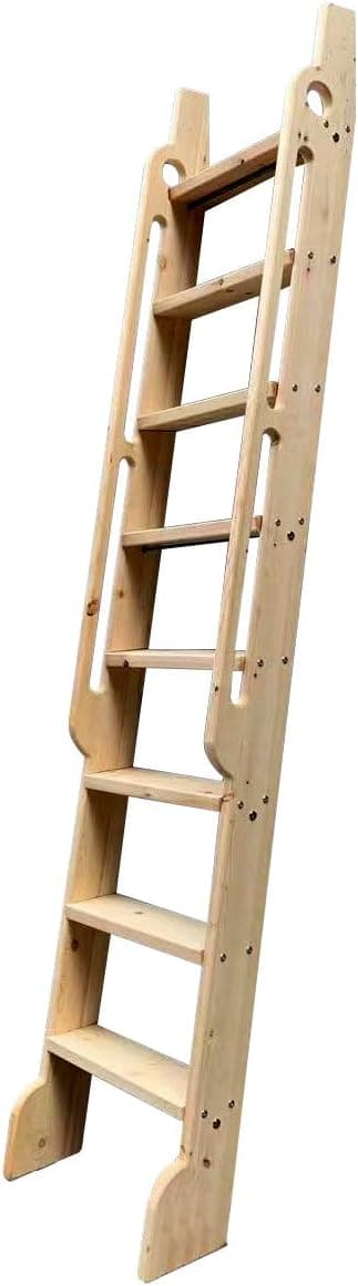 DIYHD 96" Unfinished Rolling Library Wooden Step Ladder with Glab Handle,No Sliding Hardware