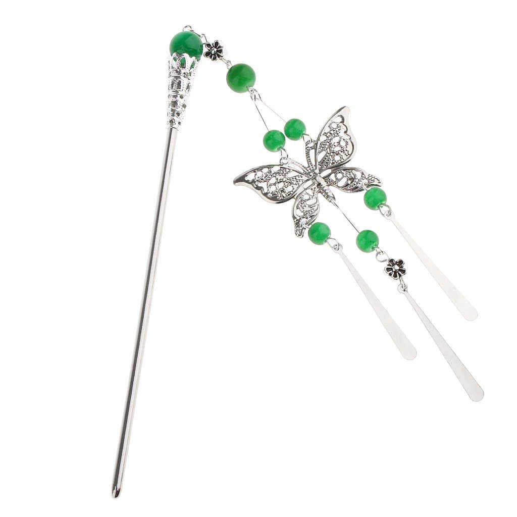 Handmade Vintage Butterfly Design Chinese Classic Beads Tassel Hairpin Headdress Hair Stick - Green