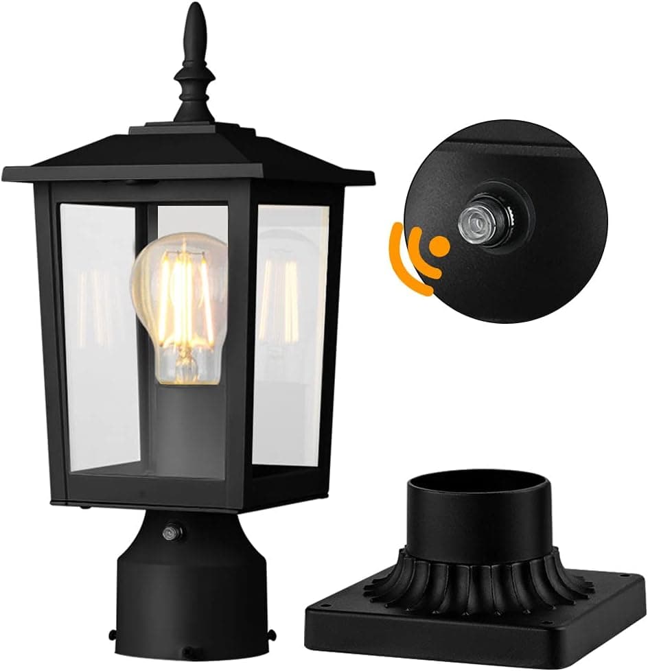 CINOTON Dusk to Dawn Outdoor Post Light Fixtures, Modern Exterior Post Lantern 6-Inch with Pier Mount Base, Aluminum Lamp Post Lantern Head with Clear Glass Waterproof for Garden Patio Pathway Deck