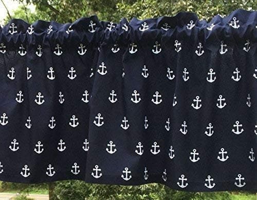White Anchors on Navy Blue Nautical Boat Anchor Cotton Lined Window Curtain Valance
