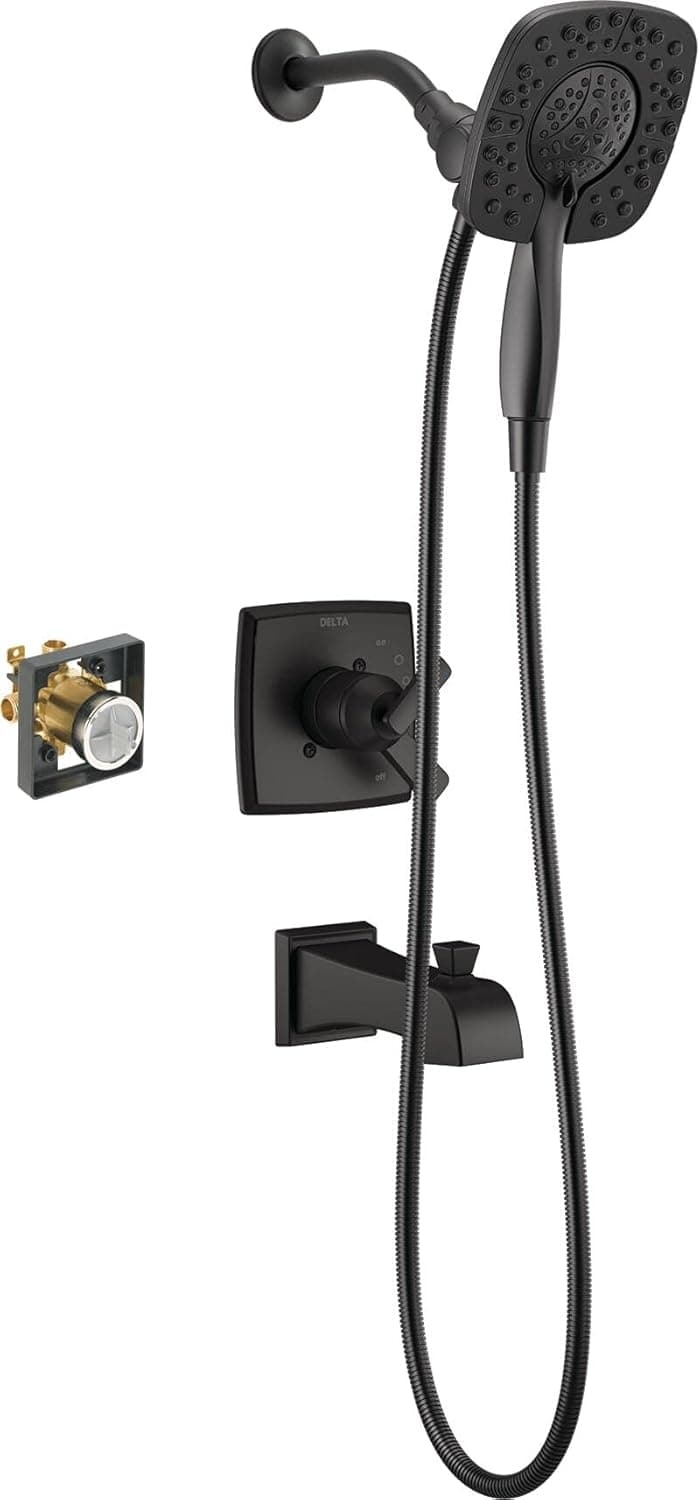 DELTA Faucet Ashlyn 17 Series Dual-Function Tub and Shower Trim Kit with 2-Spray Touch-Clean In2ition 2-in-1 Hand Held Shower Head with Hose, Matte Black T17464-BL-I (Valve Included)