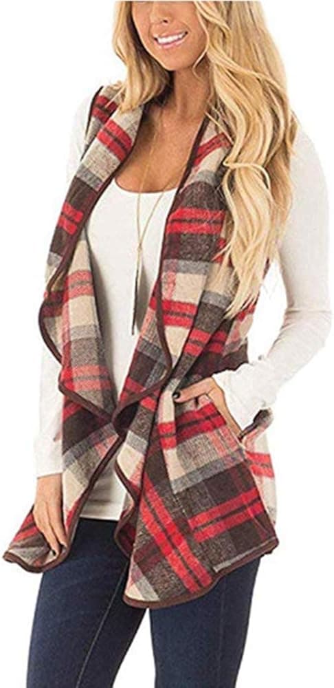 Greentree Womens Lapel Open Front Cotton Material Sleeveless Plaid Vest with Pockets (Red, M)