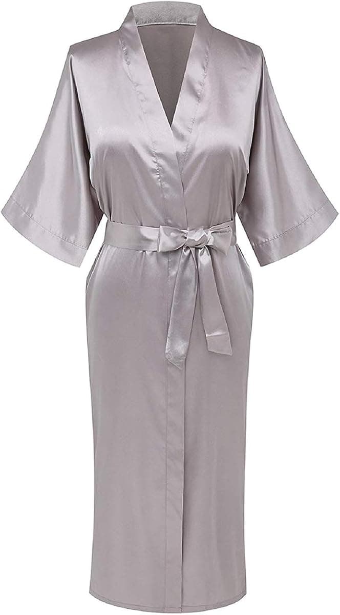 Women's Robe Pure Long Kimono Robes Lightweight Silky Sleepwear V-Neck Calf-Length Bathrobe