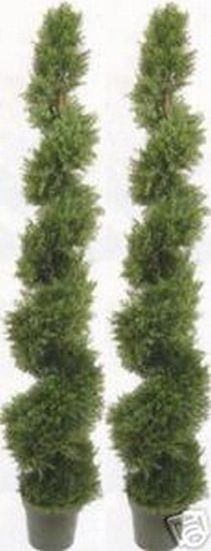 Two 6 Foot 4 Inches Artificial Cypress Spiral Topiary Trees Potted Indoor or Outdoor