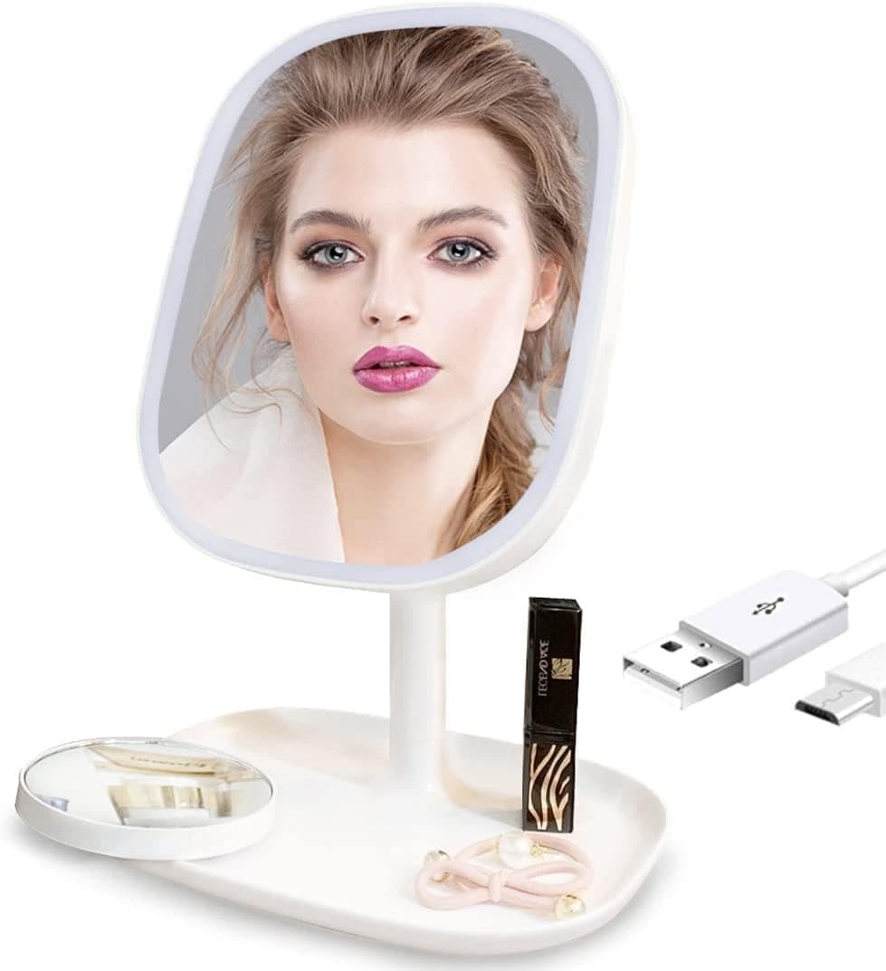 Makeup Mirror with Light, 3 Color LED Dimmable Lighted Mirror with Touch Sensor, Portable, Rechargeable, 8.6" Desk Mirror with a Small 10X Magnifying Mirror, Dual Power Cosmetic Mirror (White)