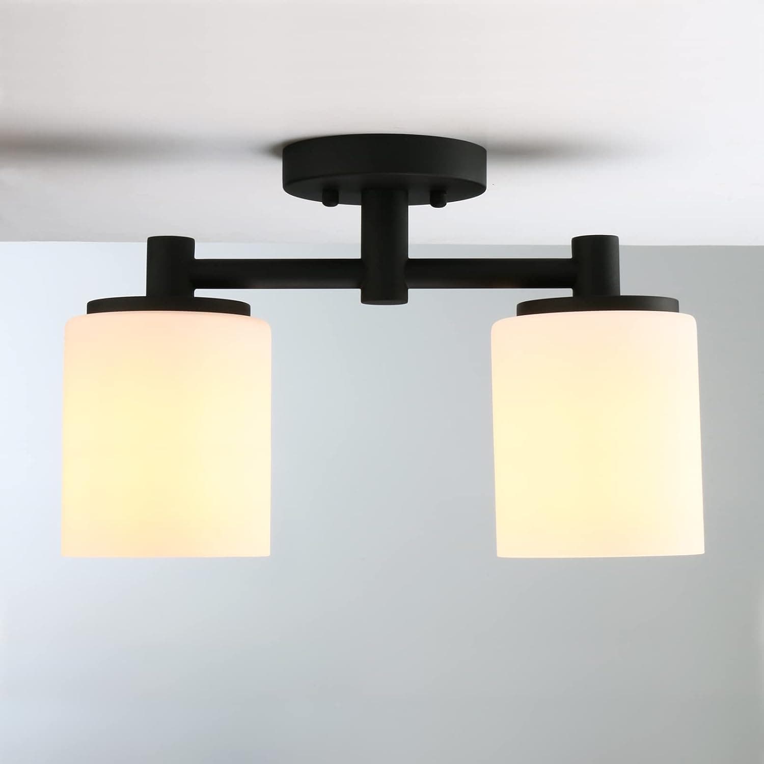 Pathson 2 Lights Flush Mounted Ceiling Lighting with Frosted Shade, White Glass Industrial Ceiling Lamp Fixtures for Hallway Kitchen Sink Living Room Bedroom Bathroom