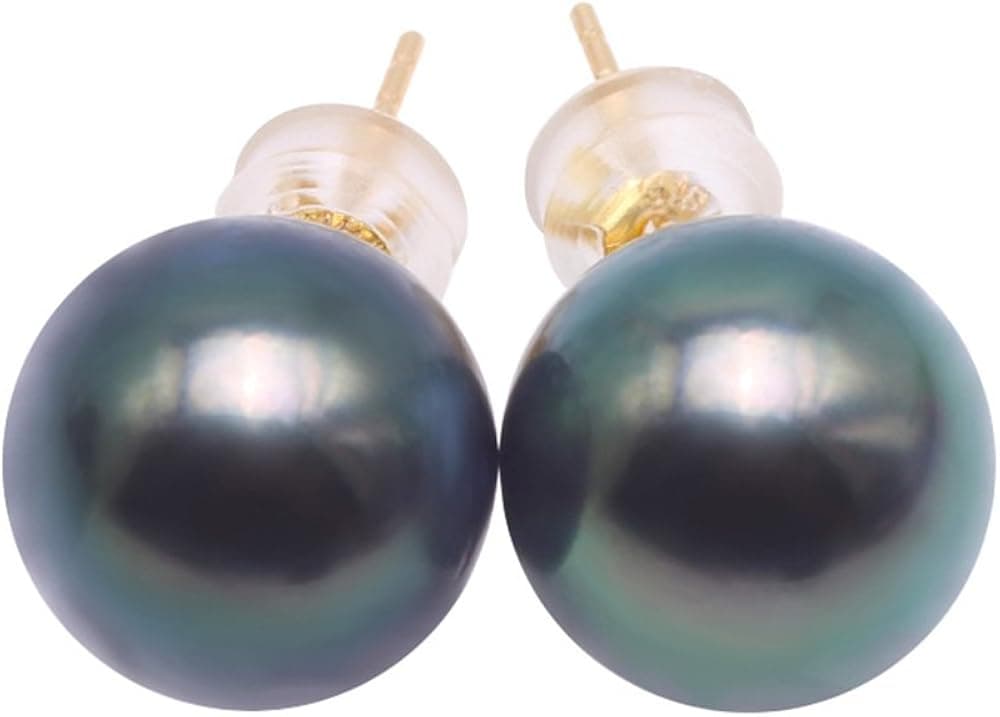 JYX Pearl 18K Yellow Gold Earrings 10-11mm Peacock Green Round Tahitian Cultured Pearl Stud Earrings