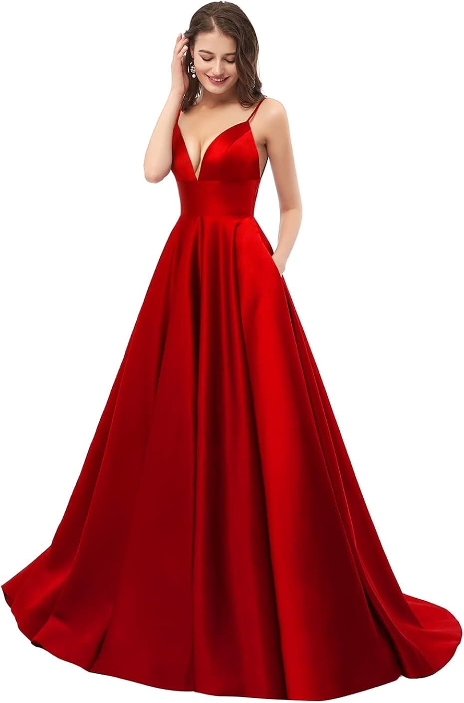 V Neck Prom Dresses 2023 Long Satin Bridesmaid Dress A-Line Spaghetti Strap Formal Evening Ball Gowns for Women