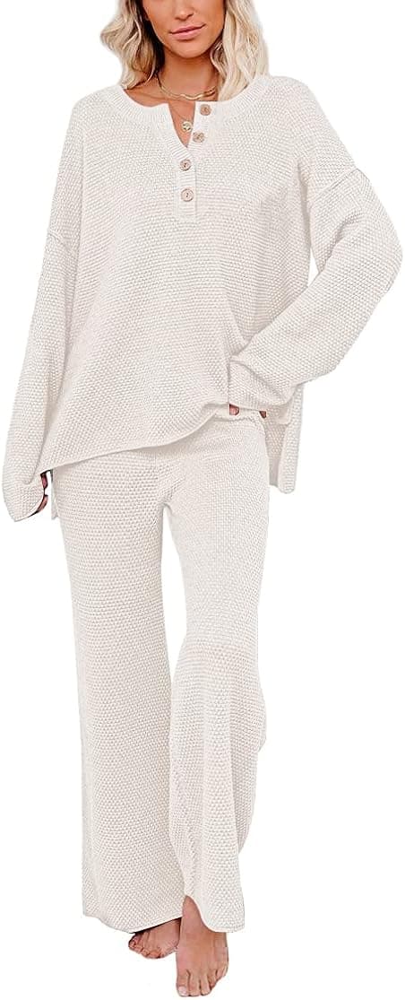 HAPCOPE Women's Waffle Knit Pajama Set 2 Piece Outfit Long Sleeve Top and Wide Leg Pants Tracksuits Lounge Set