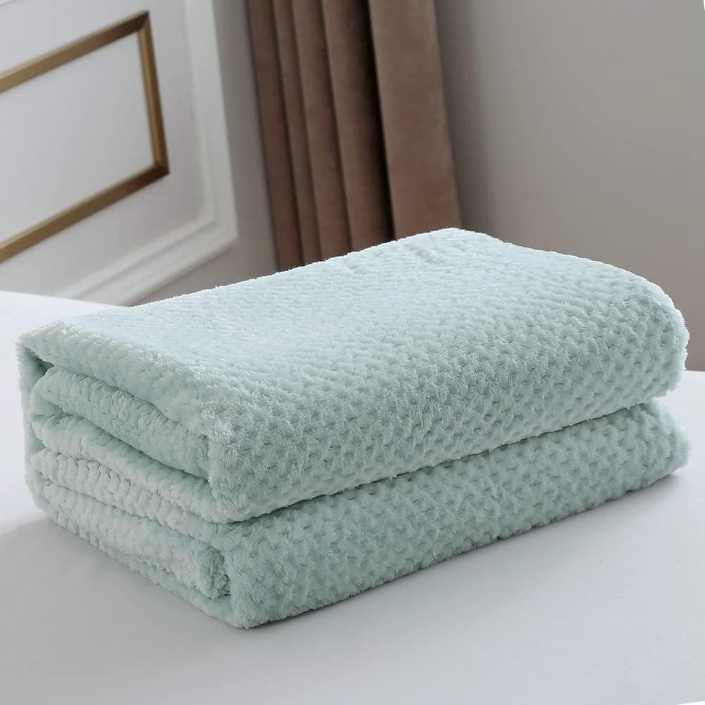 CAI TENG Waffle Textured Fleece Blanket Flannel Blanket for for Couch Sofa Living Room Plush Lightweight Microfiber Throw (Duck Egg, 50 x 60 Inches)