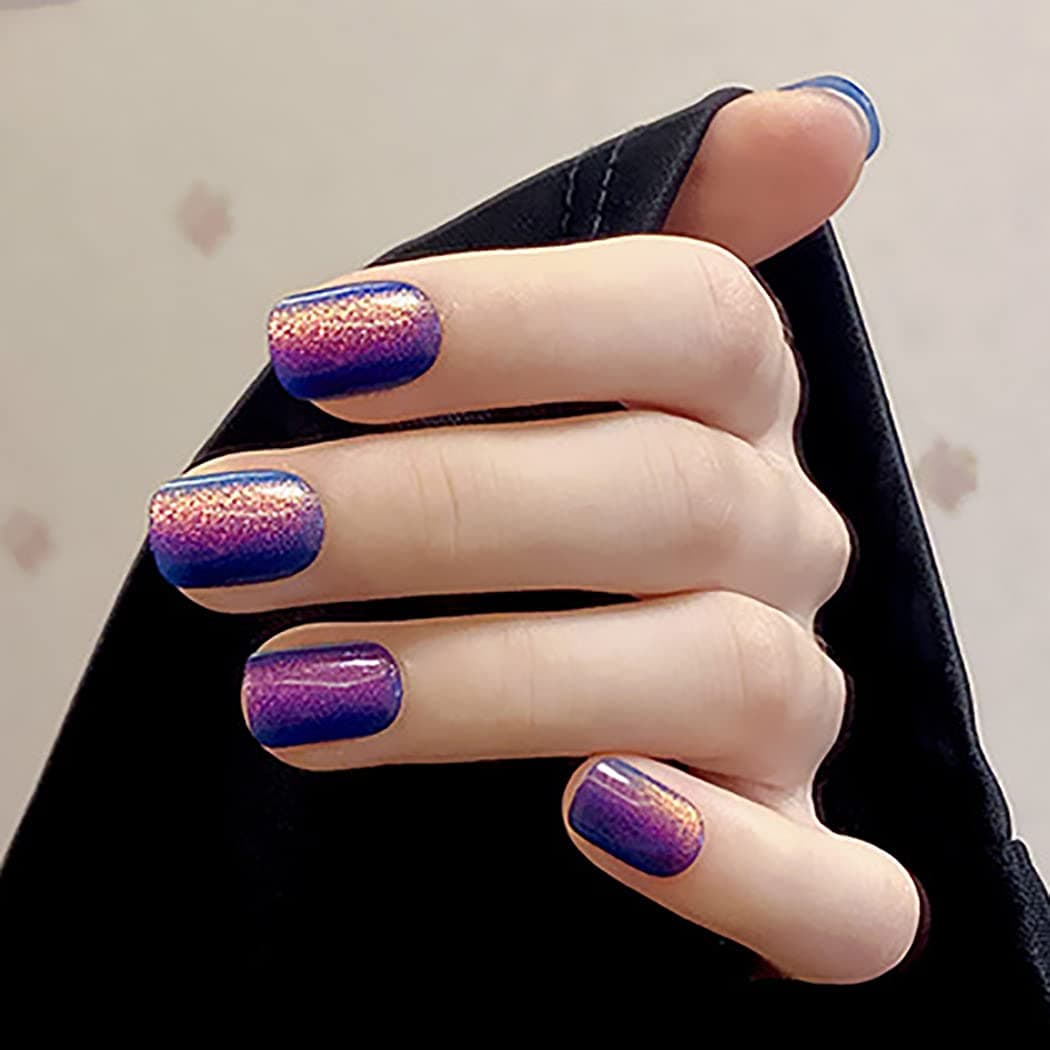 ELABEST Short Cat Eye False Nail Bling Blue and Purple Fake Nails 24Pcs Press on Acrylic Nail Tips For Women and Girls