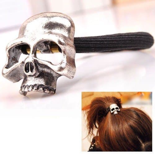 ChineOn Women Girl Gothic Punk Metal Human Skull Hair Ponytail Cuff Band Wrap Holder Tie(Silver)