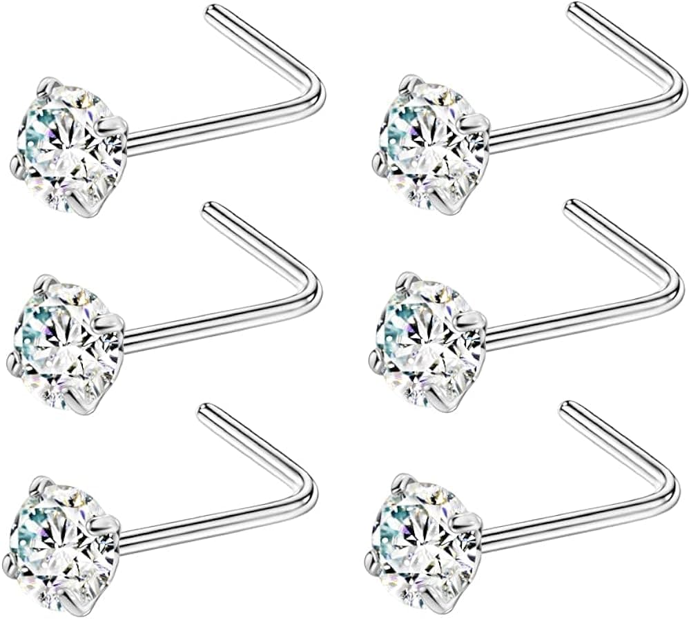 FANSING 6PCS Surgical Steel/Titanium Nose Studs for Women Nostril Piercing Jewelry 22g / 20g / 18g
