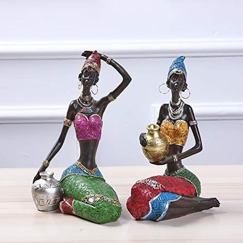 Gedengni 2pcs African Black Figure Sculpture Tribal Lady Figurine Statue Decor Collectible Creative Art Crafts Dolls, 7.5-Inch