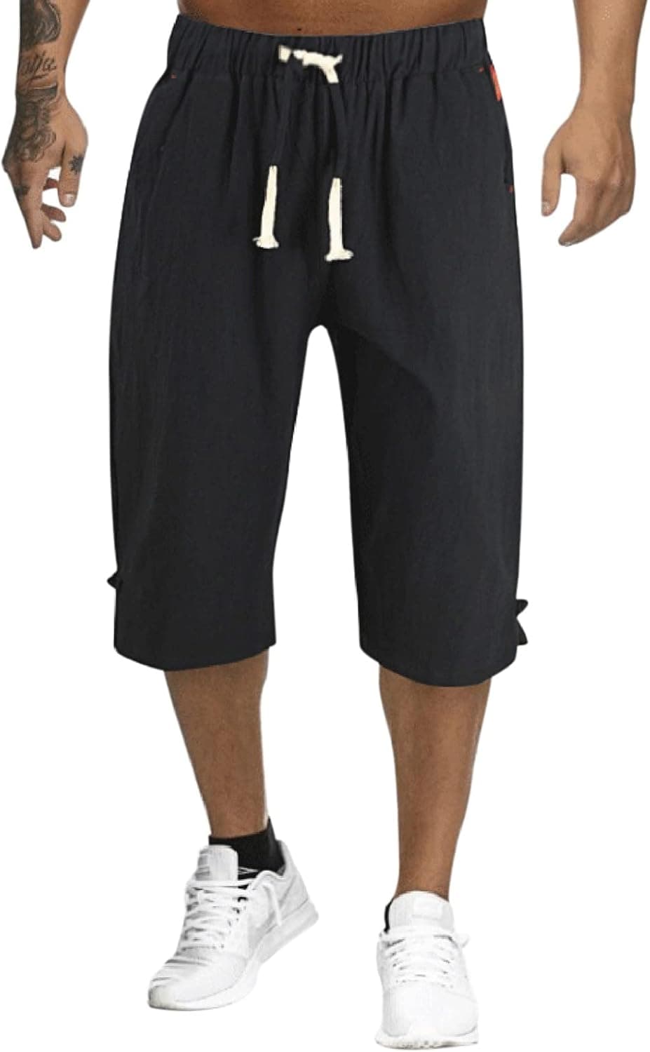 Mens Capri Shorts,Men's Linen Harem Capri Pants Lightweight Loose 3/4 Shorts Drawstring Elastic Waist Mens Capri Shorts