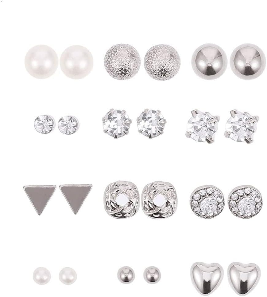 12 Pairs Stud Earrings Set, Hypoallergenic CZ 316L Earrings Stainless Steel Stud Earrings Pack, Crystal Pearl Earring Ball Earrings Set Multipack Piercing Jewelry for Girls Women-Silver