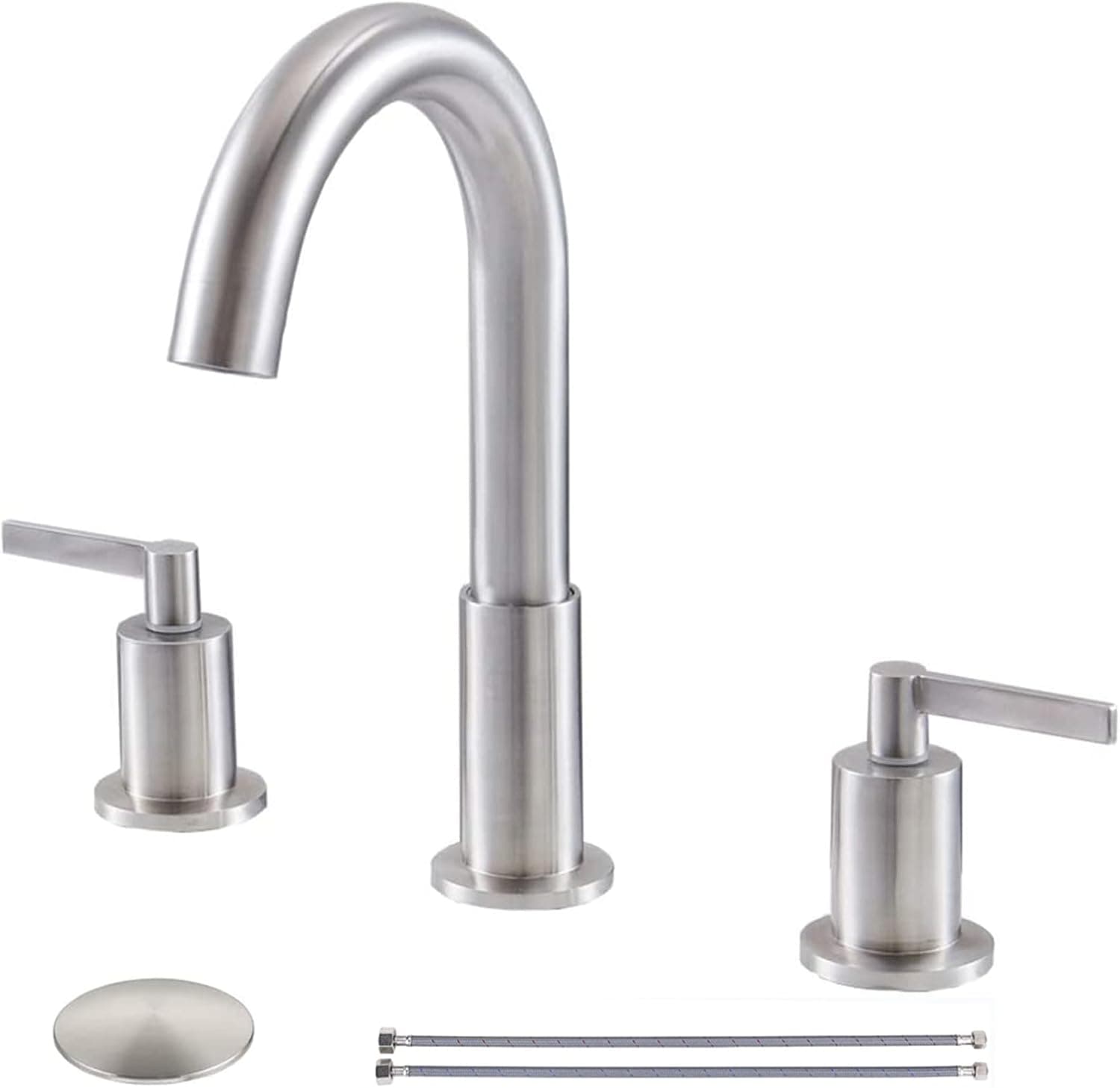 KINGO HOME Widespread 3 Hole Bathroom Faucet Brushed Nickel, Modern 8 inch 2 Handle Bathroom Sink Faucet for Vanity Faucets with Pop Up Drain and Supply Lines