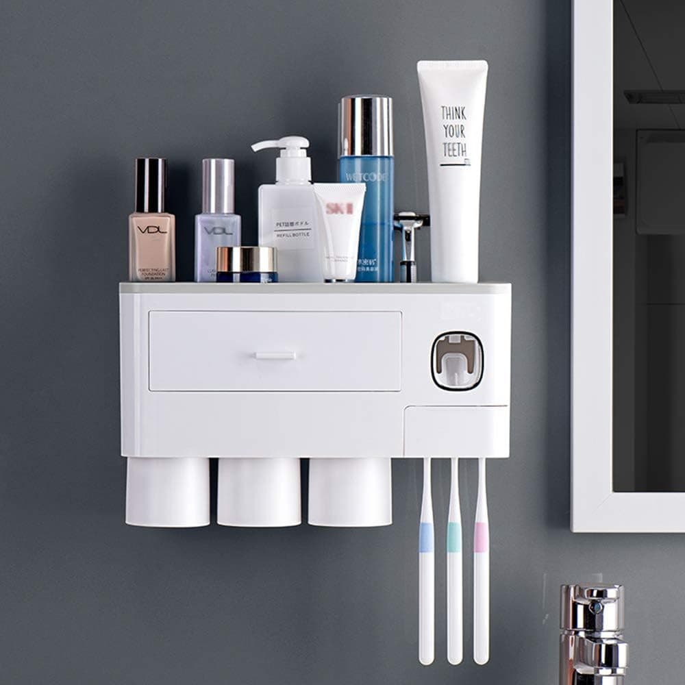 WAN LIAN Toothpaste Holder, Bathroom Storage Box, Wall-Mounted dust-Proof Toothbrush Holder, Multifunctional Space-Saving Toothbrush Storage Box, no Drilling Required (3cups)