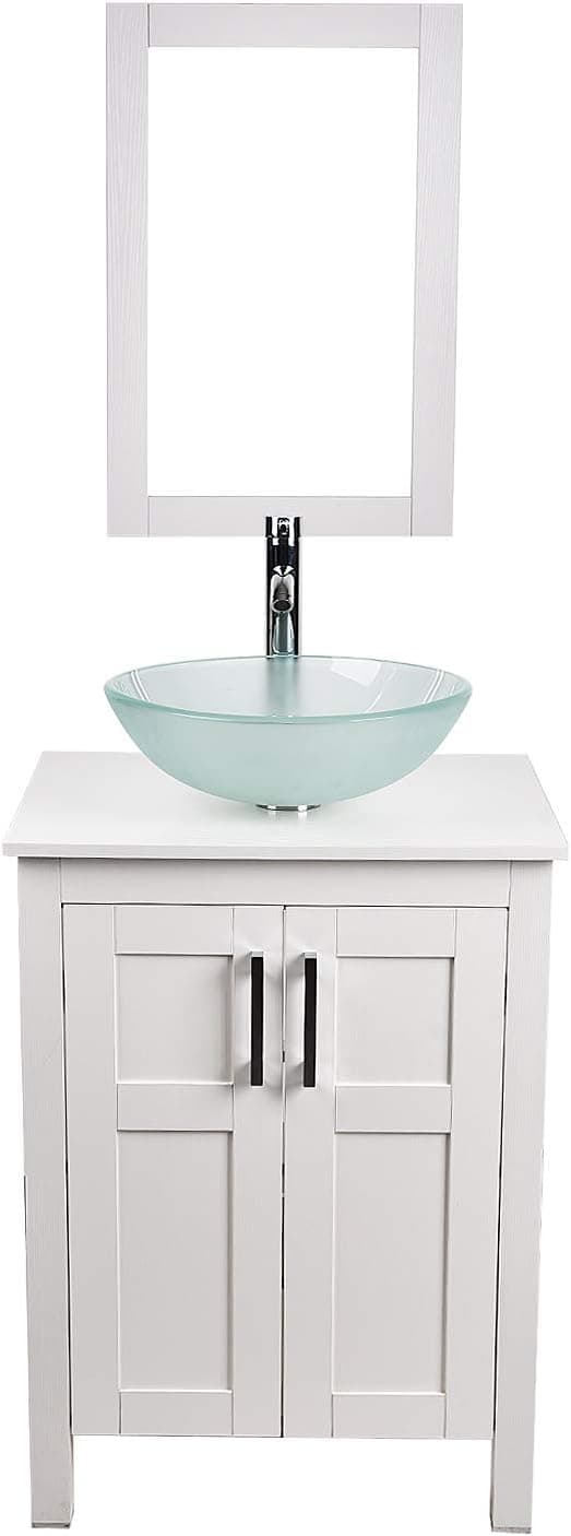 YOURLITE 24 inch White Bathroom Vanity and Sink Combo Modern MDF Cabinet with Wall Mounted Vanity Mirror and Water Saving Vessel Sink Chrome Faucet (White Cabinet #+Vessel Sink 103#)