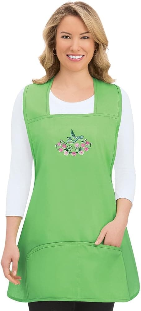 Cute Summer Embroidered Cobbler Kitchen Smock Cleaning Aprons for Women with Pockets, Green, Medium