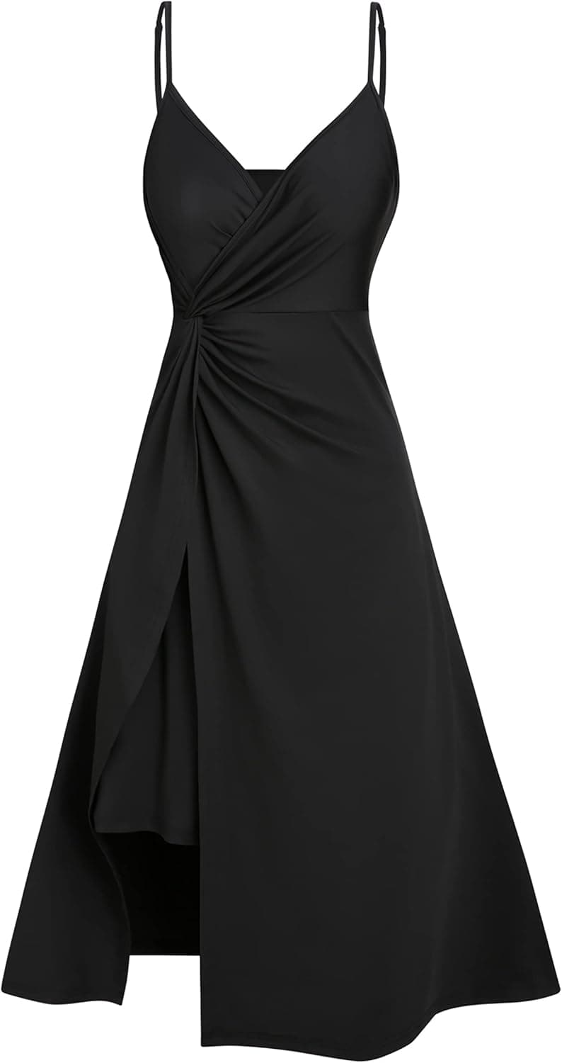 FEAPHY Women's Twist Front Dress Casual V-Neck Spaghetti Strap Slit A Line Midi Dress