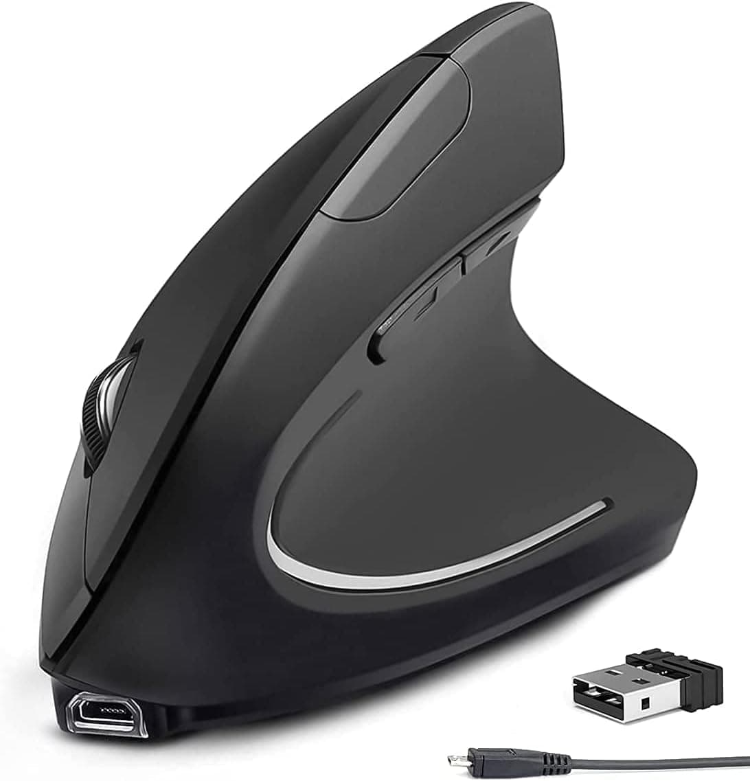 Vertical Mouse Wireless, 2.4G Wireless Vertical Ergonomic Optical Mouse, 5 Button, Rechargeable Battery, 3 Adjustable DPI 800/1200/1600 for Laptop, Computer, Desktop, Notebook-Black