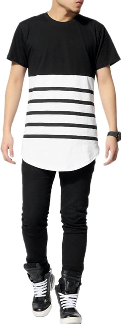 OLRIK Mens Hipster Hip Hop Basic Longline Crewneck Black and White Stripes T-Shirt