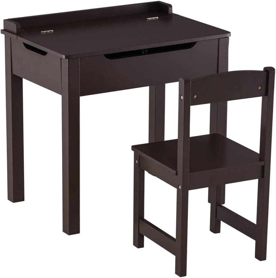 OLYM STORE Kids Table and 1 Chair Set, 2-Piece, Children Activity Desk with Storage for Arts & Crafts, Snack Time, Homeschooling, Homework & More (Espresso)