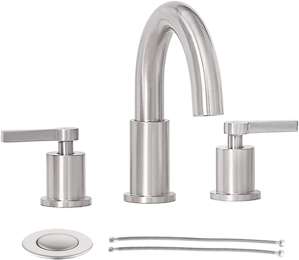 8 Inch Widespread Bathroom Faucet, Brushed Nickel Bathroom Sink Faucet,3 Hole Bathroom Faucets,Tub Faucet with Pop-Up Drain and Water Supply Lines KMBF005L
