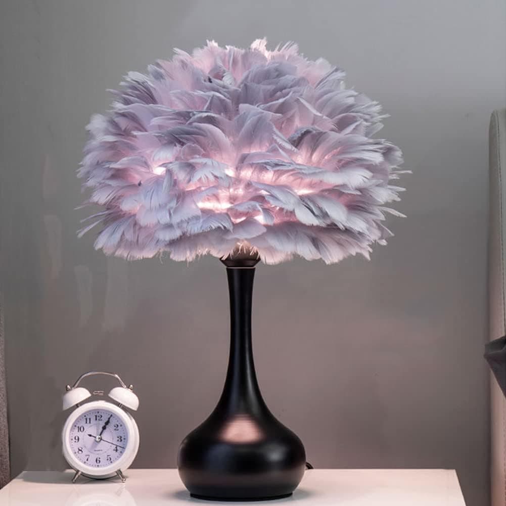 CEUGS Ostrich Feather Lamp Modern Bedside Lamp, Bedroom Table Lights Home Ofice Bedroom Pink Lamp,Purple