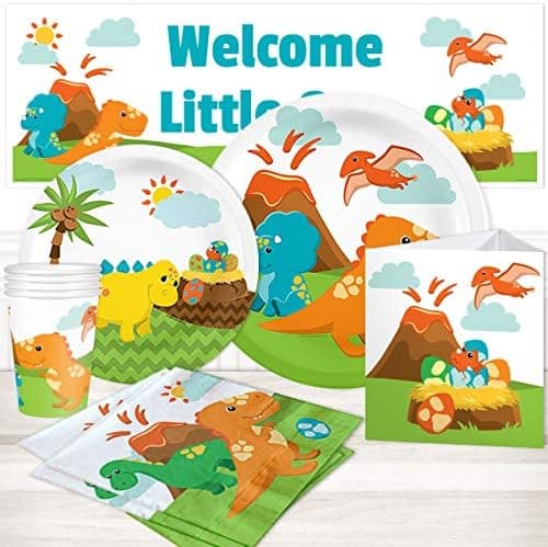 Birthday Direct Little Dinosaur Shower Kit for 16 Includes Plates, Napkins, Cups, Banners, and Decorations - 68 Pieces - Jurassic, T-Rex, Dino Party Supplies for Baby Shower