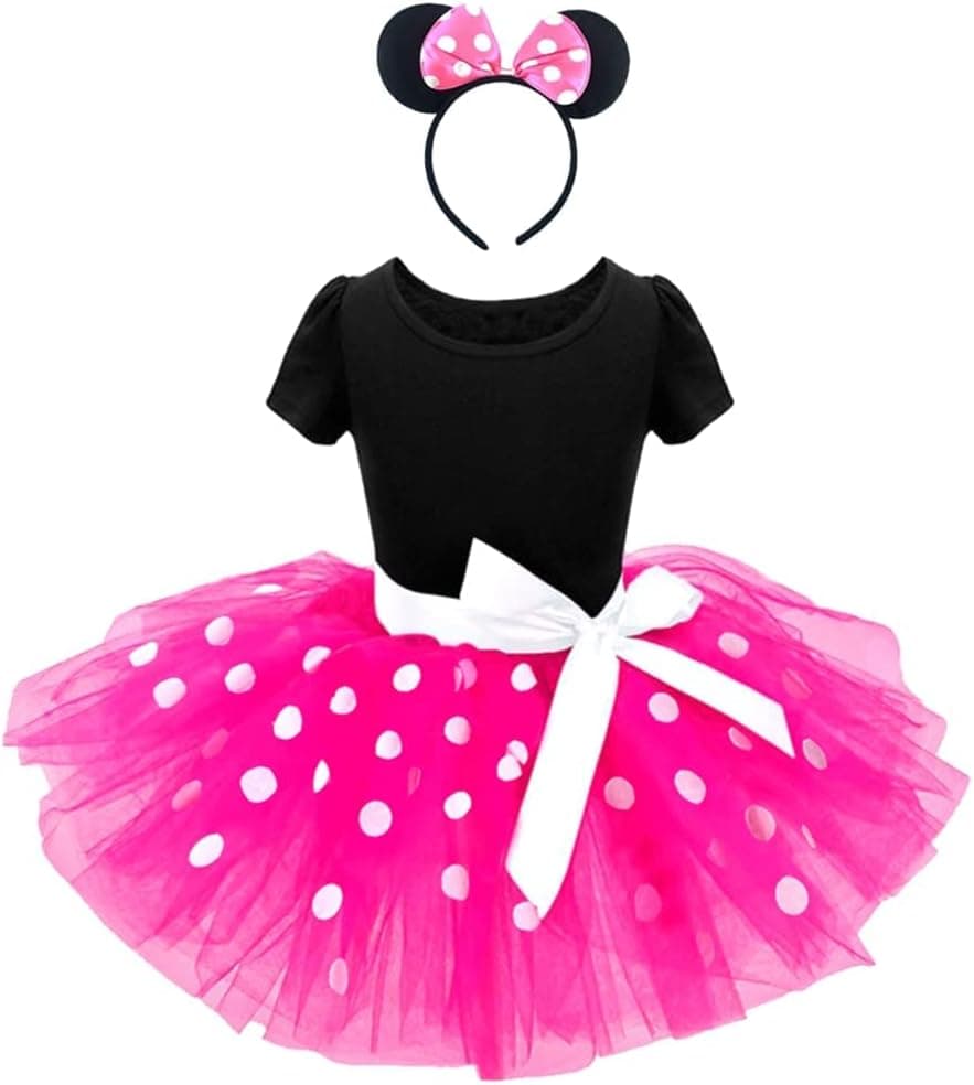 Marosoniy Toddler Girl Mini Mouse Tutu Dress Cosplay Costume Polka Dots Party Fancy Dress up Dance Leotard with Headband (100cm 2-3Y, Pink)