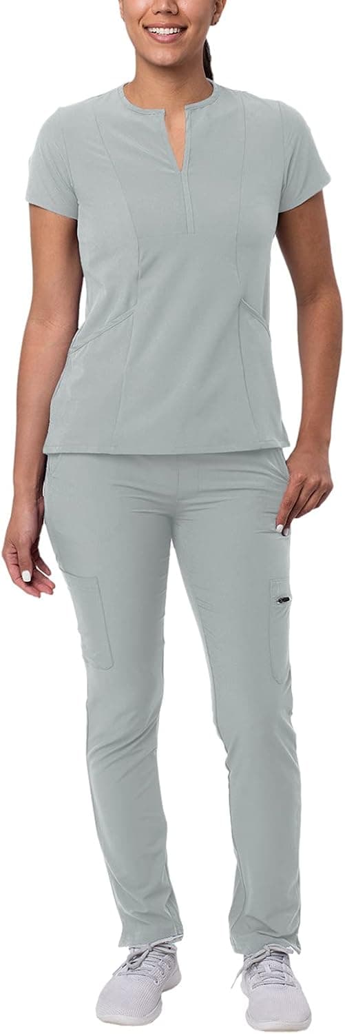 Adar Addition Go-Higher Scrub Set for Women - Notched V-Neck Scrub Top & Skinny Cargo Scrub Pants