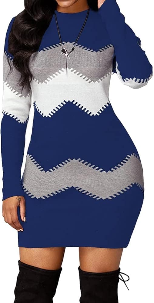 NIUBIA Women's Casual Long Sleeve Striped Dresses Knitted Dress Bodycon Dresses Stretchable Elasticity Slim Fit Sweater Dress