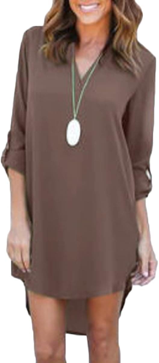 Mulisky Women V Neck Roll up Sleeve Long Blouse High Low Casual Mini Shirt Dress