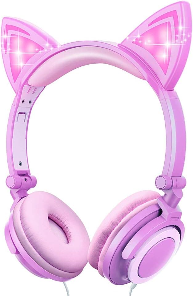barsone Cat Ear Headphones, Hearing Protection Wired Foldable On Ear Headsets with LED Glowing Light 3.5mm Audio Jack Headset for Children (Purple&Pink)