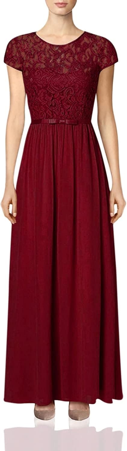 Ssyiz Custom Womens Vintage Floral Lace Cap Sleeve Long Chiffon Bridesmaid Evening Dress