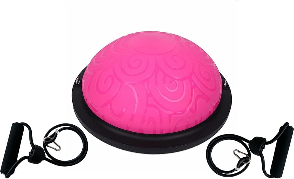 OGODU Pink Balance Trainer Ball,Half Balance Ball with Pink Yoga Elastic Belt 1Pcs, Half Yoga Balance Board with Resistance Bands and Pump for Strength Exercise, Stability Workout,Home Fitness & Gym