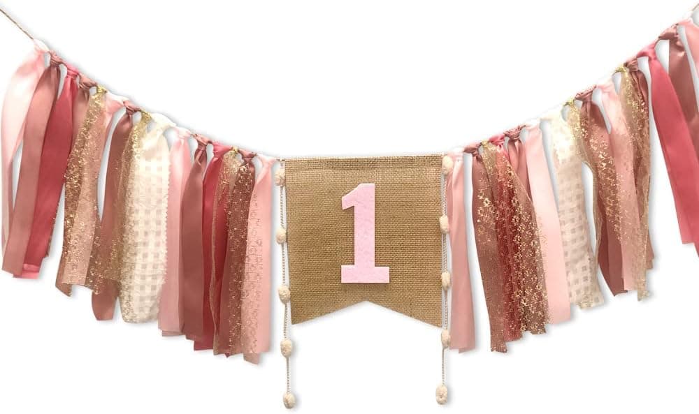 1st Birthday Banner For Baby, AULEGE First Birthday High Chair Banner, Party Theme Pull Flag for Baby 1st Birthday Party Supplies, Coral Pink