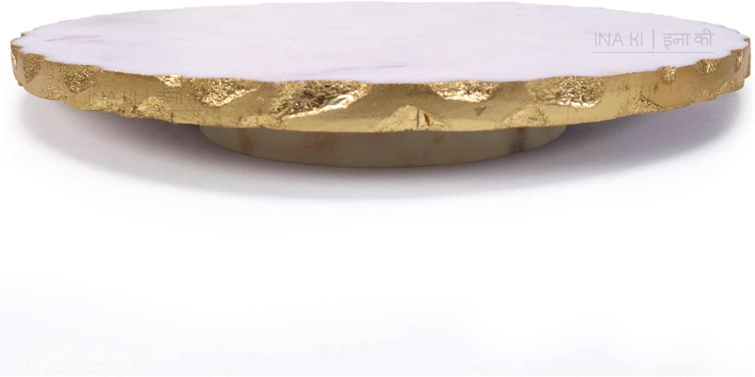 INA KI Natural Marble Lazy Susan Rotating Serving Plate 12 Inches ( Gold Foiling )